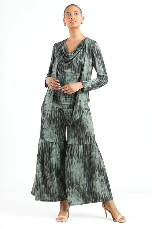 Silky Print Pleated Twin Set with Cowl Neck