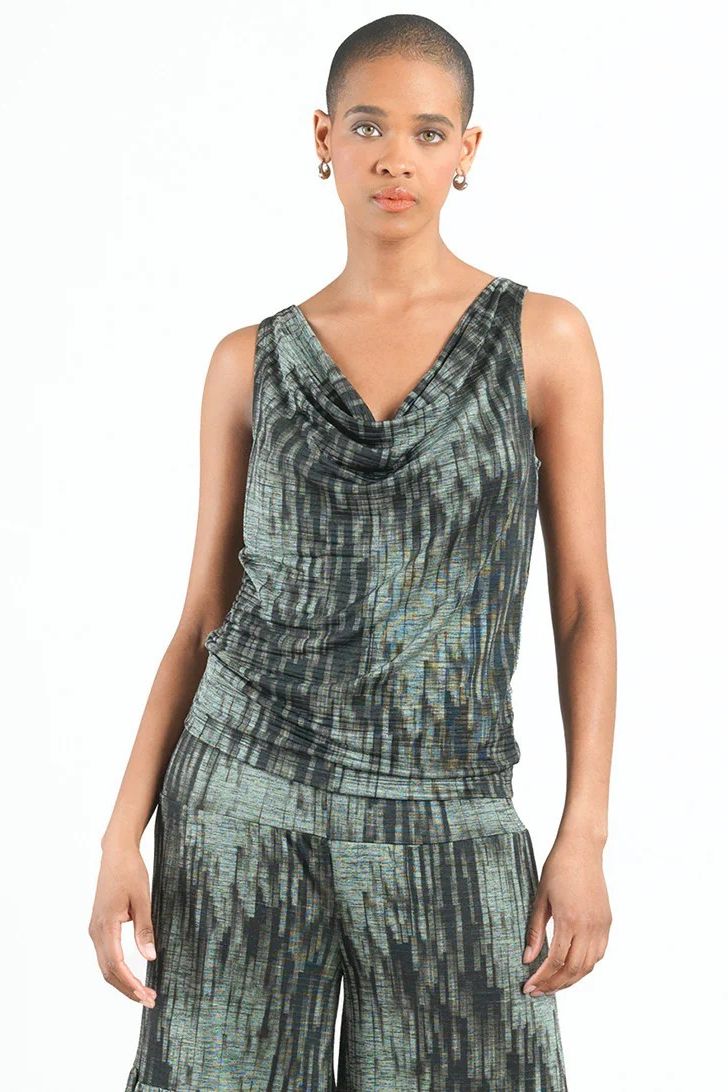 Silky Print Pleated Twin Set with Cowl Neck