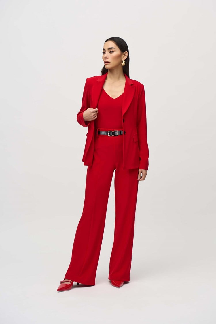 Silky Knit Belted Wide-Leg Pants- Lipstick Red