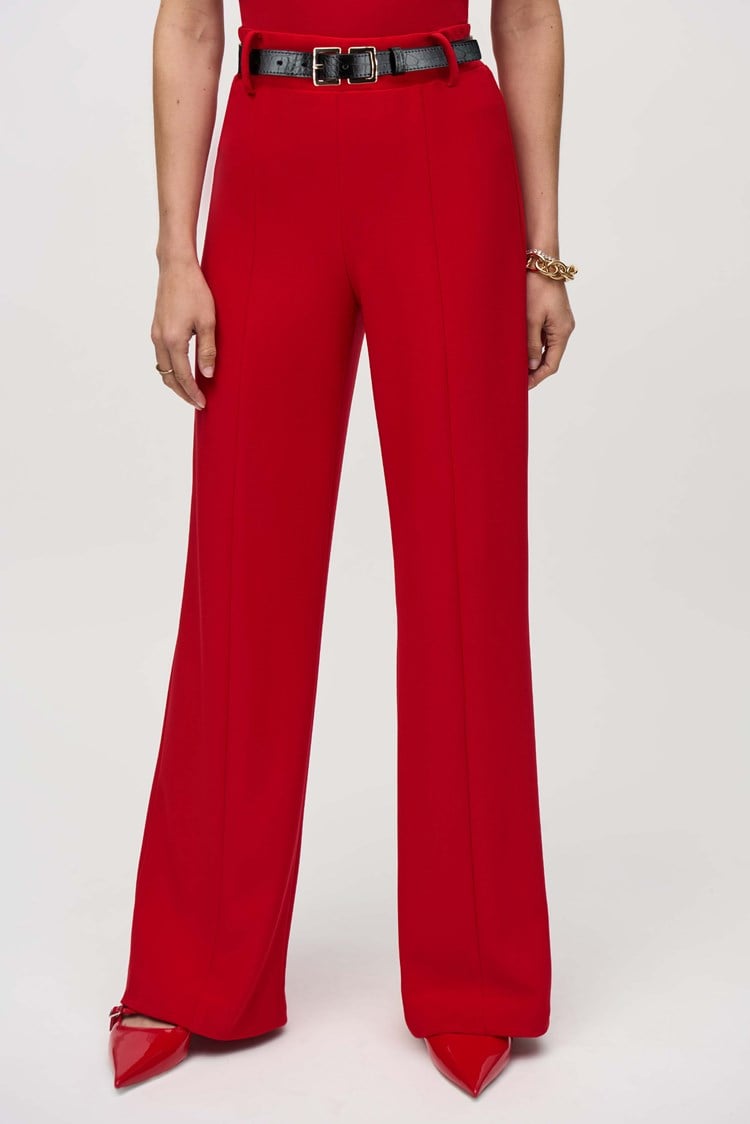 Silky Knit Belted Wide-Leg Pants- Lipstick Red