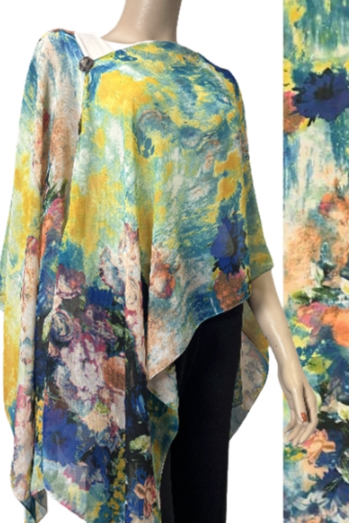 Silky Sheer 6-Button Poncho - Multi Floral