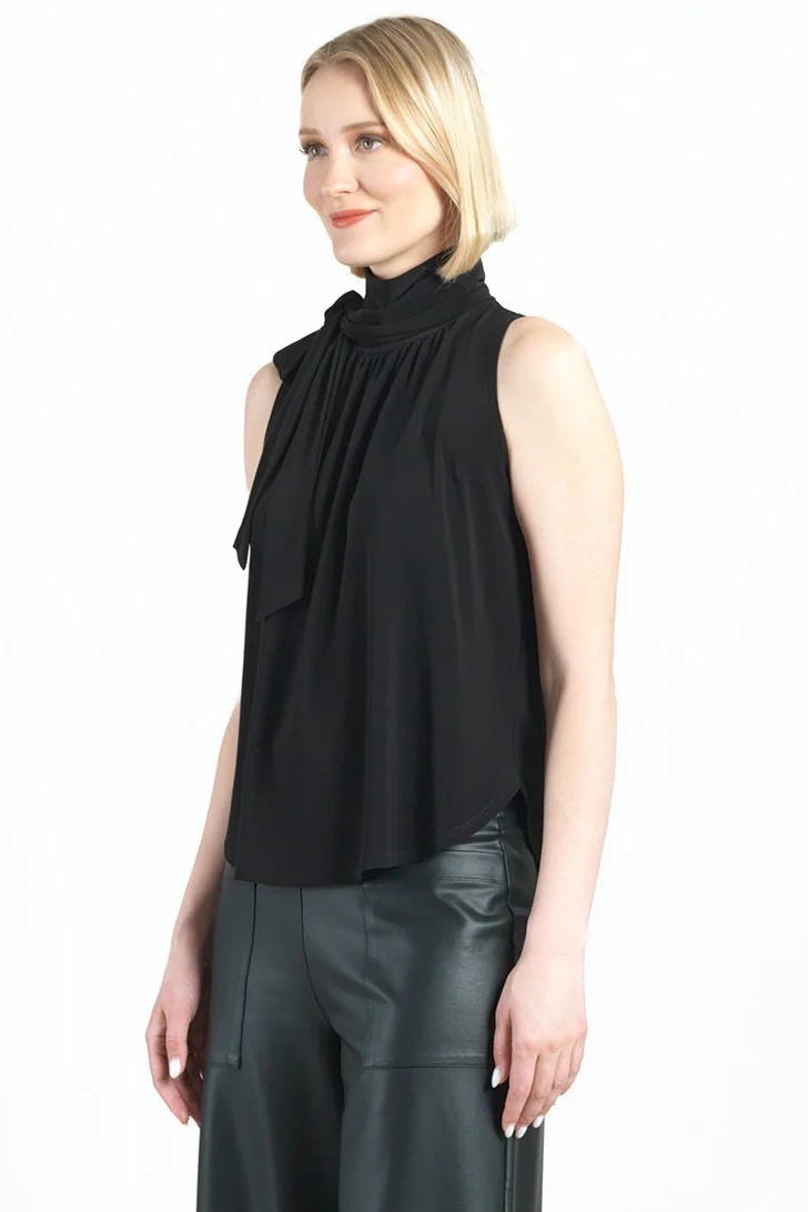 Sleeveless Mock Neck Blouse with Neck Bow Tie