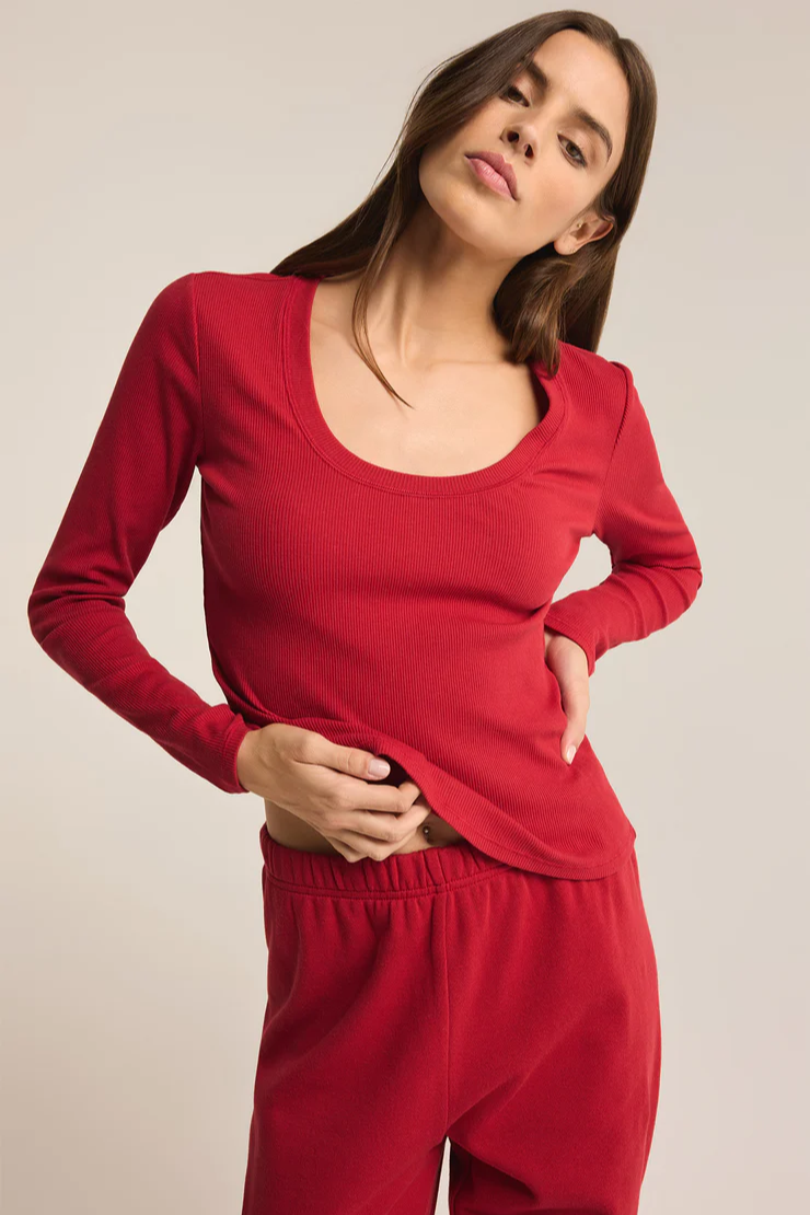 Sirena Rib Long Sleeve  Tee - Haute Red