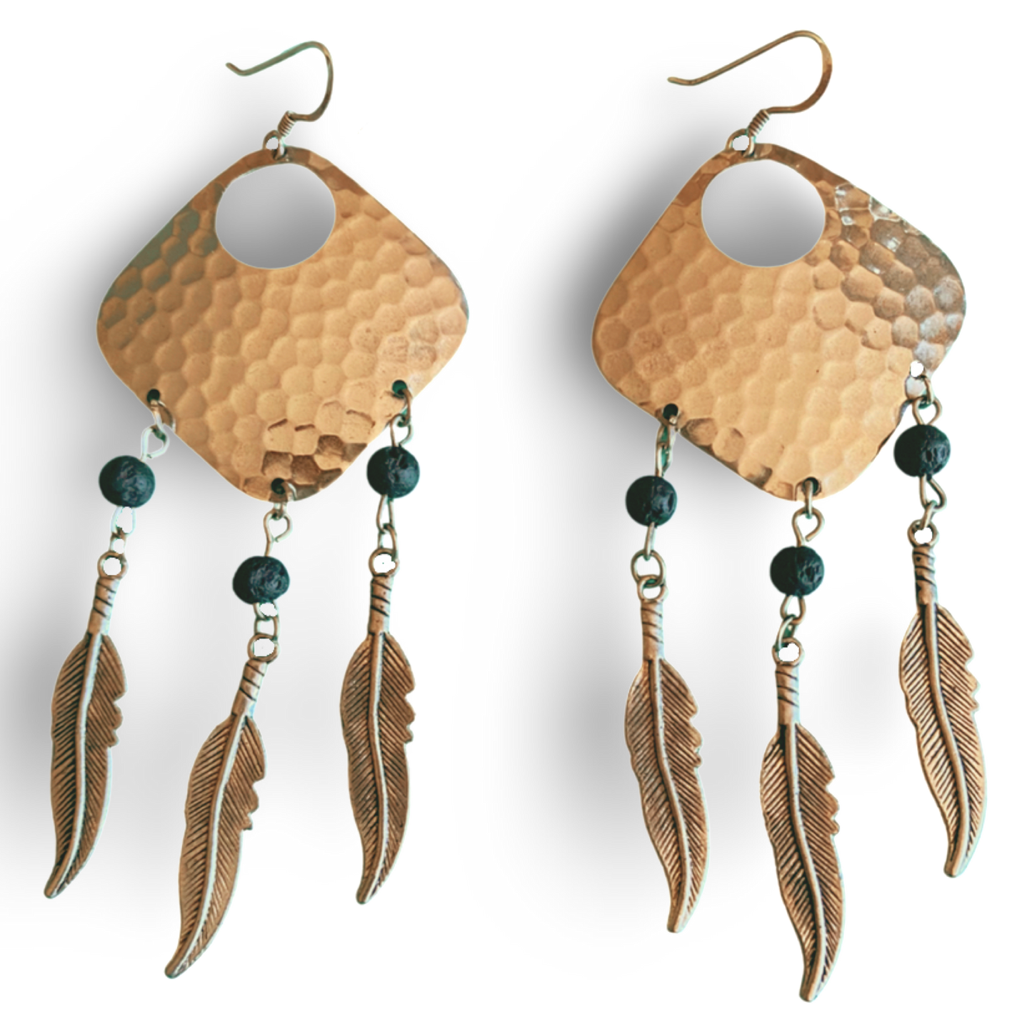 Silver Dream Catcher Earrings With Feathers and Black Lava Rocks by the Urban Charm