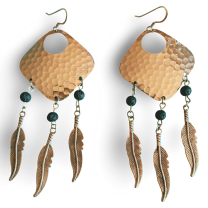 Silver Dream Catcher Earrings With Feathers and Black Lava Rocks by the Urban Charm