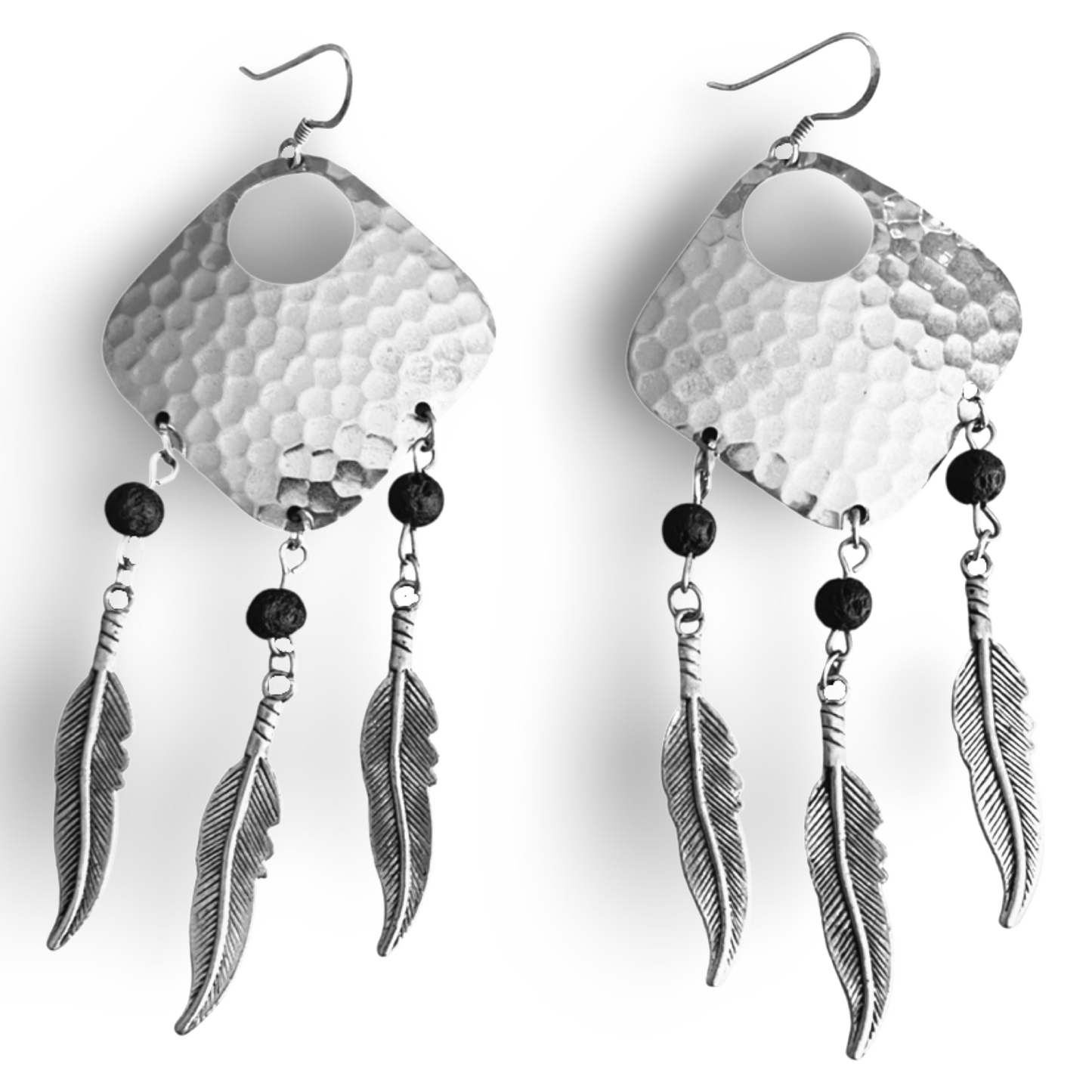 Silver Dream Catcher Earrings With Feathers and Black Lava Rocks by the Urban Charm