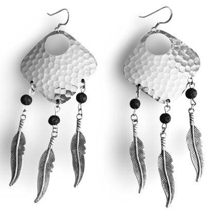 Silver Dream Catcher Earrings With Feathers and Black Lava Rocks by the Urban Charm