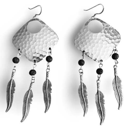 Silver Dream Catcher Earrings With Feathers and Black Lava Rocks by the Urban Charm