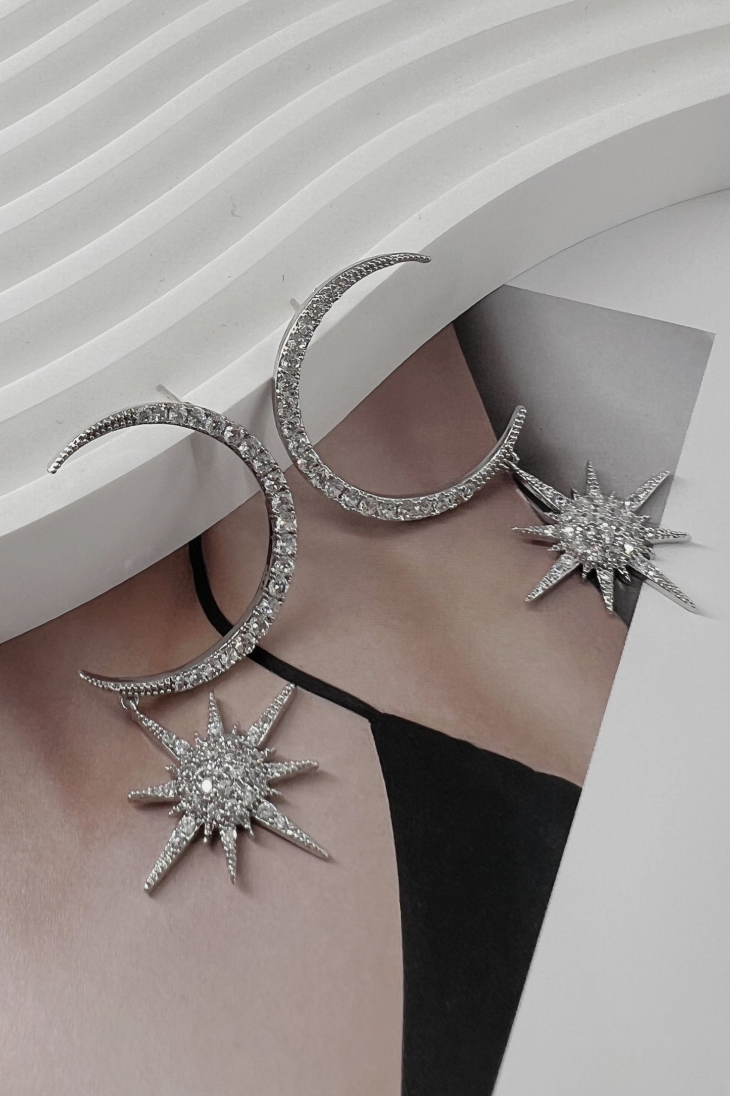 Silver Large Crescent Star Crystal Earrings
