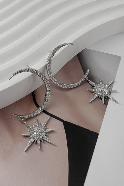 Silver Large Crescent Star Crystal Earrings