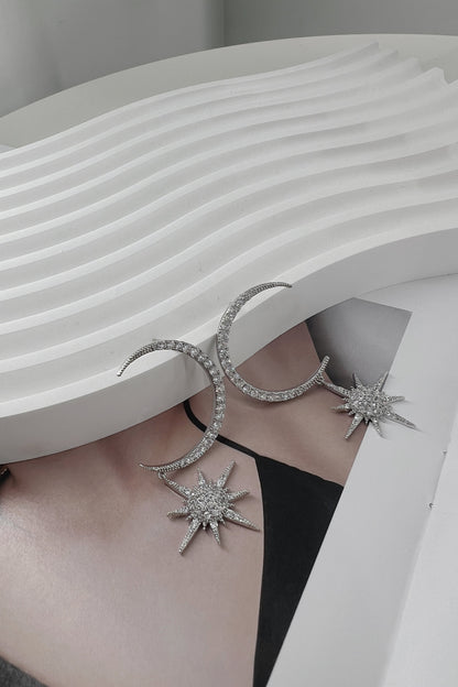 Silver Large Crescent Star Crystal Earrings