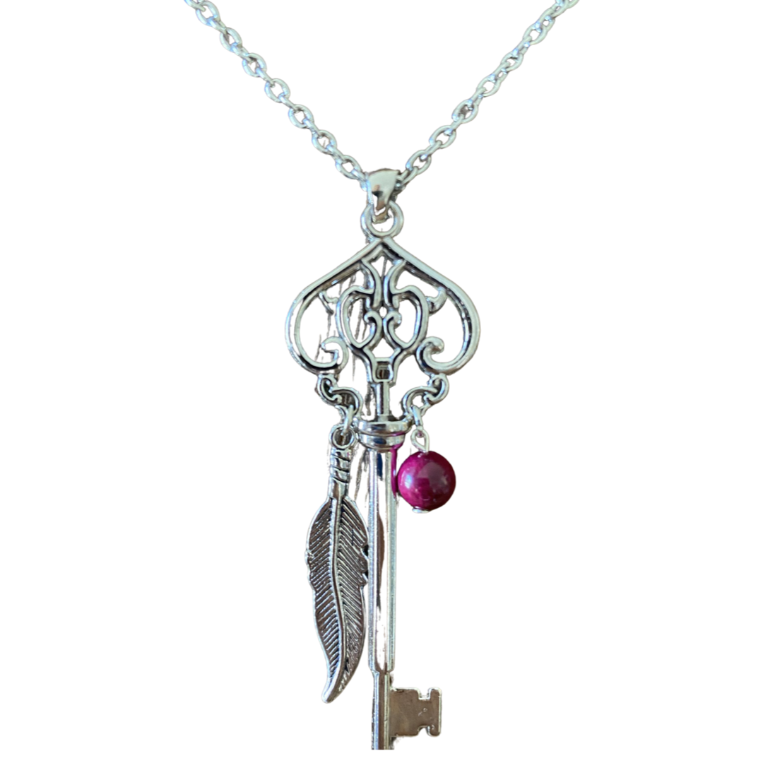 Skeleton Key Necklace With Pink Tiger’s Eye