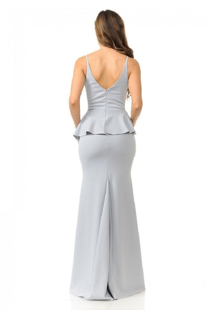 Silver Wrap Style Long Formal Dress